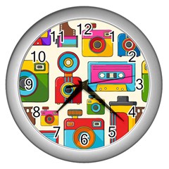 Retro-cameras-audio-cassettes-hand-drawn-pop-art-style-seamless-pattern Wall Clock (silver) by Salman4z