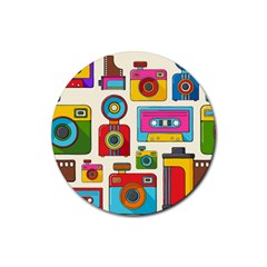 Retro-cameras-audio-cassettes-hand-drawn-pop-art-style-seamless-pattern Rubber Coaster (round) by Salman4z