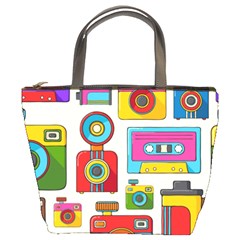 Retro-cameras-audio-cassettes-hand-drawn-pop-art-style-seamless-pattern Bucket Bag by Salman4z