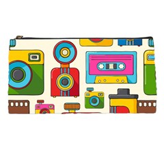 Retro-cameras-audio-cassettes-hand-drawn-pop-art-style-seamless-pattern Pencil Case by Salman4z