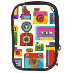 Retro-cameras-audio-cassettes-hand-drawn-pop-art-style-seamless-pattern Compact Camera Leather Case by Salman4z