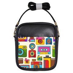 Retro-cameras-audio-cassettes-hand-drawn-pop-art-style-seamless-pattern Girls Sling Bag by Salman4z