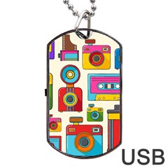 Retro-cameras-audio-cassettes-hand-drawn-pop-art-style-seamless-pattern Dog Tag Usb Flash (one Side) by Salman4z