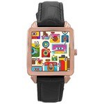 Retro-cameras-audio-cassettes-hand-drawn-pop-art-style-seamless-pattern Rose Gold Leather Watch  Front