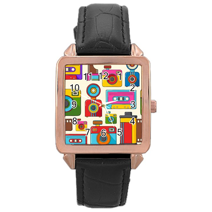 Retro-cameras-audio-cassettes-hand-drawn-pop-art-style-seamless-pattern Rose Gold Leather Watch 