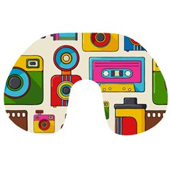 Retro-cameras-audio-cassettes-hand-drawn-pop-art-style-seamless-pattern Travel Neck Pillow by Salman4z