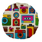 Retro-cameras-audio-cassettes-hand-drawn-pop-art-style-seamless-pattern Large 18  Premium Flano Round Cushions Front