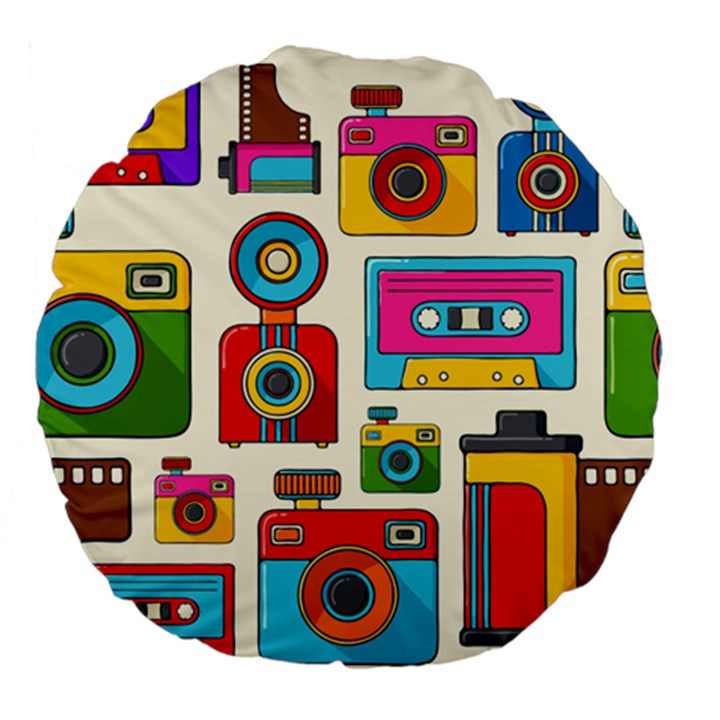 Retro-cameras-audio-cassettes-hand-drawn-pop-art-style-seamless-pattern Large 18  Premium Flano Round Cushions