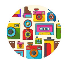 Retro-cameras-audio-cassettes-hand-drawn-pop-art-style-seamless-pattern Mini Round Pill Box by Salman4z