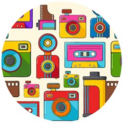 Retro-cameras-audio-cassettes-hand-drawn-pop-art-style-seamless-pattern Wooden Puzzle Round by Salman4z