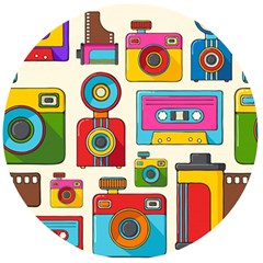 Retro-cameras-audio-cassettes-hand-drawn-pop-art-style-seamless-pattern Wooden Bottle Opener (round) by Salman4z