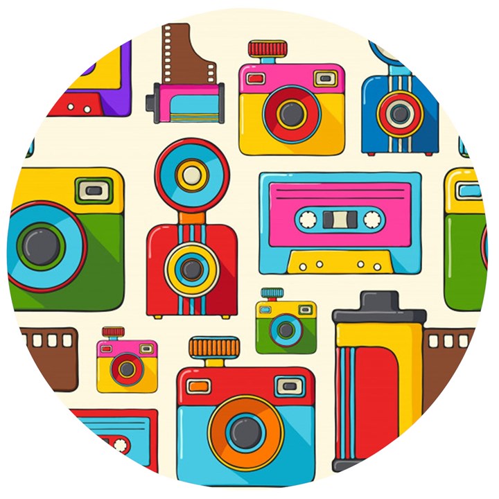 Retro-cameras-audio-cassettes-hand-drawn-pop-art-style-seamless-pattern Wooden Bottle Opener (Round)