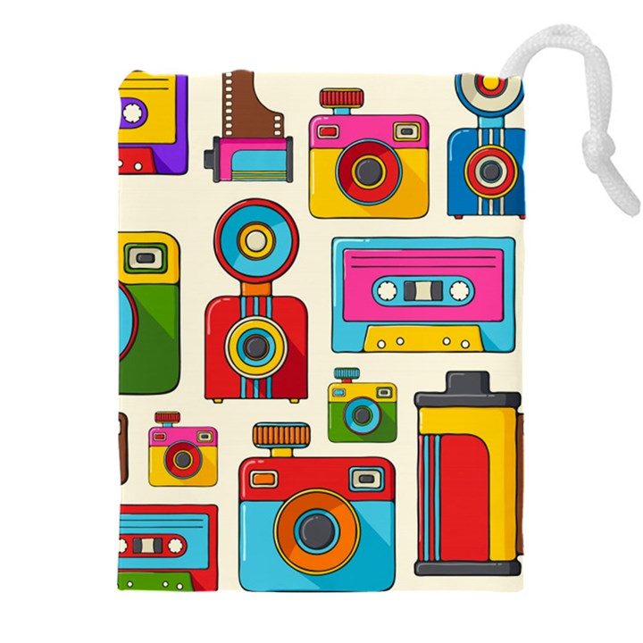 Retro-cameras-audio-cassettes-hand-drawn-pop-art-style-seamless-pattern Drawstring Pouch (5XL)