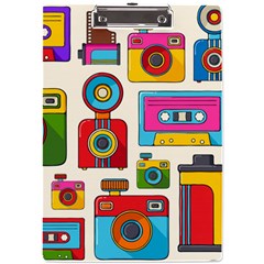 Retro-cameras-audio-cassettes-hand-drawn-pop-art-style-seamless-pattern A4 Acrylic Clipboard by Salman4z