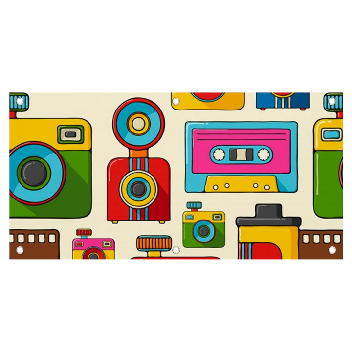 Retro-cameras-audio-cassettes-hand-drawn-pop-art-style-seamless-pattern Banner and Sign 4  x 2 