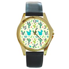 Cactus-succulents-floral-seamless-pattern Round Gold Metal Watch by Salman4z