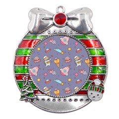 Outer-space-seamless-background Metal X mas Ribbon With Red Crystal Round Ornament by Salman4z