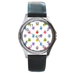 Seamless-pattern-cute-funny-monster-cartoon-isolated-white-background Round Metal Watch by Salman4z