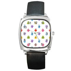 Seamless-pattern-cute-funny-monster-cartoon-isolated-white-background Square Metal Watch by Salman4z