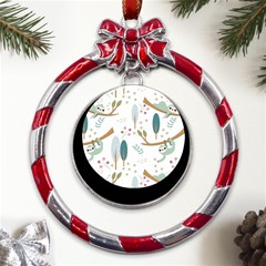 Pattern-sloth-woodland Metal Red Ribbon Round Ornament