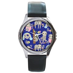 Hand-drawn-cute-sloth-pattern-background Round Metal Watch by Salman4z