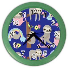 Hand-drawn-cute-sloth-pattern-background Color Wall Clock by Salman4z