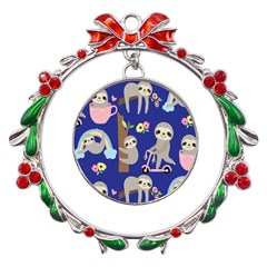 Hand-drawn-cute-sloth-pattern-background Metal X mas Wreath Ribbon Ornament by Salman4z