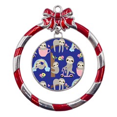 Hand-drawn-cute-sloth-pattern-background Metal Red Ribbon Round Ornament by Salman4z