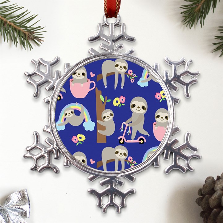 Hand-drawn-cute-sloth-pattern-background Metal Large Snowflake Ornament