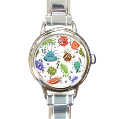 Dangerous-streptococcus-lactobacillus-staphylococcus-others-microbes-cartoon-style-vector-seamless Round Italian Charm Watch by Salman4z