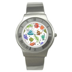 Dangerous-streptococcus-lactobacillus-staphylococcus-others-microbes-cartoon-style-vector-seamless Stainless Steel Watch