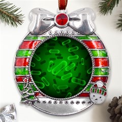 Green-rod-shaped-bacteria Metal X mas Ribbon With Red Crystal Round Ornament