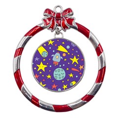 Card-with-lovely-planets Metal Red Ribbon Round Ornament