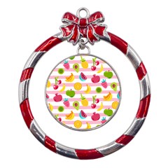 Tropical-fruits-berries-seamless-pattern Metal Red Ribbon Round Ornament