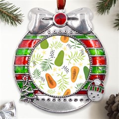 Seamless-tropical-pattern-with-papaya Metal X mas Ribbon With Red Crystal Round Ornament