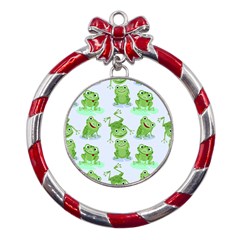 Cute-green-frogs-seamless-pattern Metal Red Ribbon Round Ornament