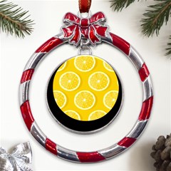 Lemon-fruits-slice-seamless-pattern Metal Red Ribbon Round Ornament by Salman4z