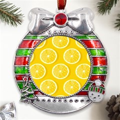 Lemon-fruits-slice-seamless-pattern Metal X mas Ribbon With Red Crystal Round Ornament