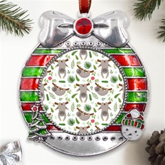 Seamless-pattern-with-cute-sloths Metal X mas Ribbon With Red Crystal Round Ornament