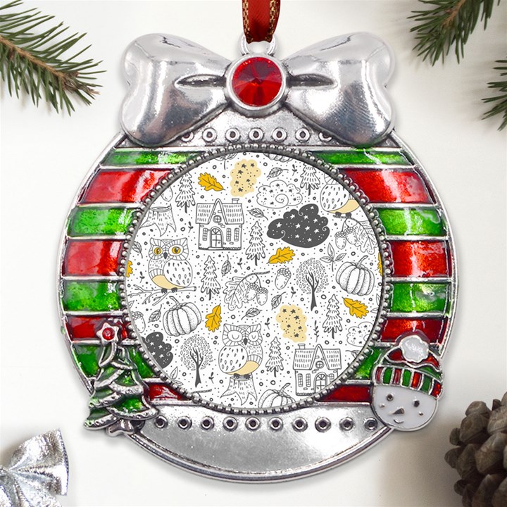 Doodle-seamless-pattern-with-autumn-elements Metal X Mas Ribbon With Red Crystal Round Ornament