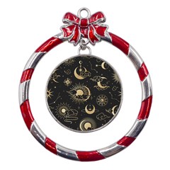 Asian-seamless-pattern-with-clouds-moon-sun-stars-vector-collection-oriental-chinese-japanese-korean Metal Red Ribbon Round Ornament by Salman4z