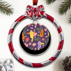 Exotic-seamless-pattern-with-parrots-fruits Metal Red Ribbon Round Ornament by Salman4z