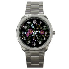 Embroidery-trend-floral-pattern-small-branches-herb-rose Sport Metal Watch by Salman4z