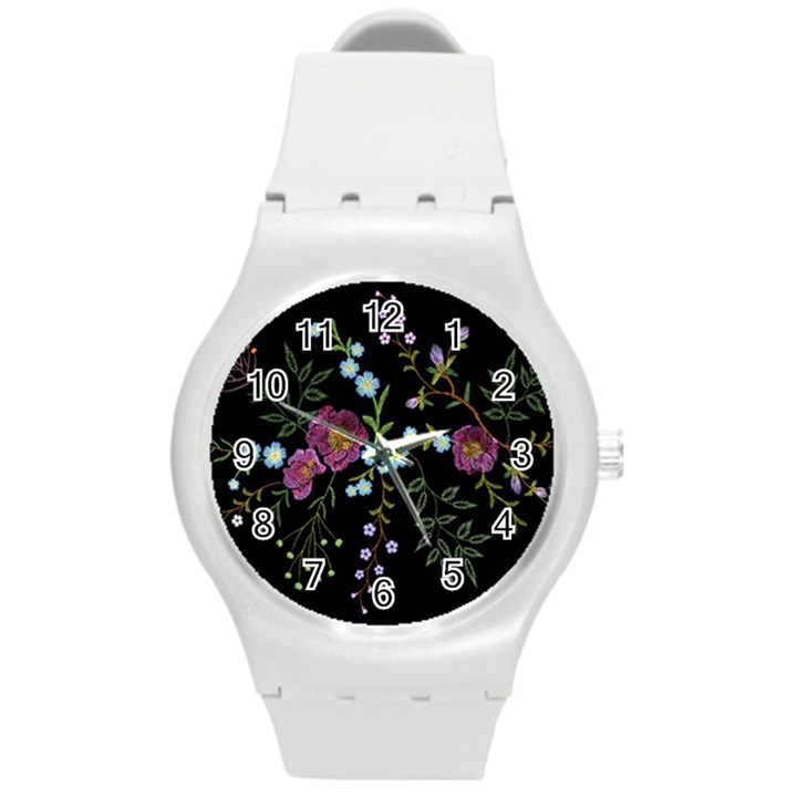 Embroidery-trend-floral-pattern-small-branches-herb-rose Round Plastic Sport Watch (M)