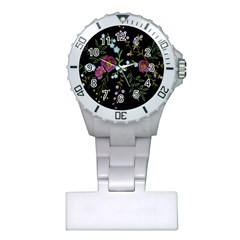 Embroidery-trend-floral-pattern-small-branches-herb-rose Plastic Nurses Watch by Salman4z