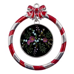 Embroidery-trend-floral-pattern-small-branches-herb-rose Metal Red Ribbon Round Ornament by Salman4z