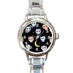 Cute-owl-doodles-with-moon-star-seamless-pattern Round Italian Charm Watch by Salman4z