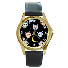 Cute-owl-doodles-with-moon-star-seamless-pattern Round Gold Metal Watch by Salman4z