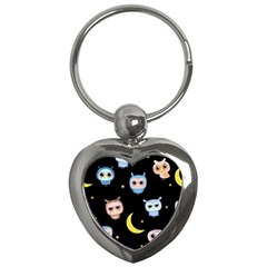 Cute-owl-doodles-with-moon-star-seamless-pattern Key Chain (heart)