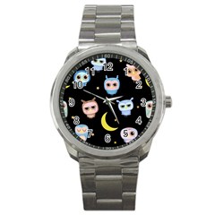 Cute-owl-doodles-with-moon-star-seamless-pattern Sport Metal Watch by Salman4z